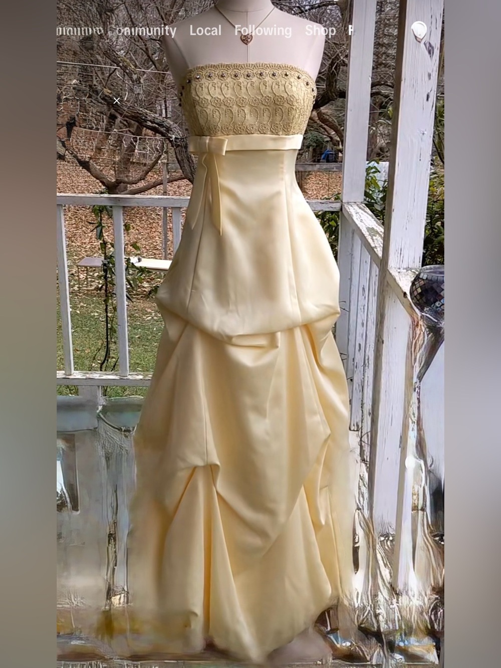 Strapless Yellow Satin Evening Gown with Lace Bodice